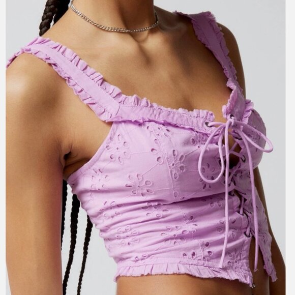 Urban Outfitters Lavender Layla Eyelet Corset Crop Top, Size Small - Picture 2 of 15